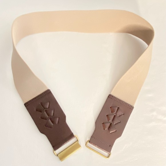 Beige Elastic Cinch Belt Brown Bonded Leather Ends Hook Buckle - Picture 6 of 9